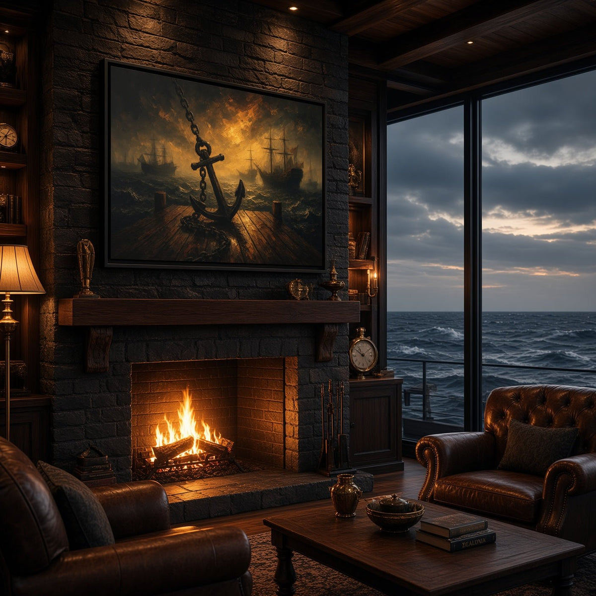 Black framed canvas seascape wall art with anchor silhouette and warm storm light.