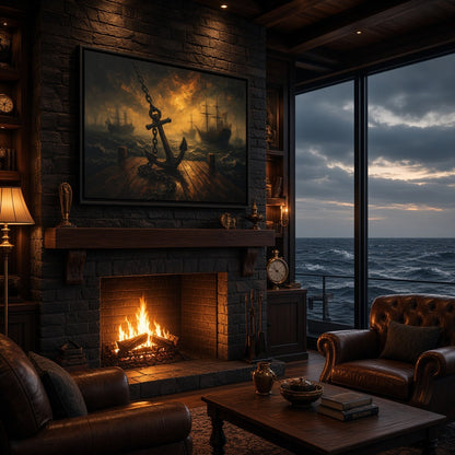 Black framed canvas seascape wall art with anchor silhouette and warm storm light.