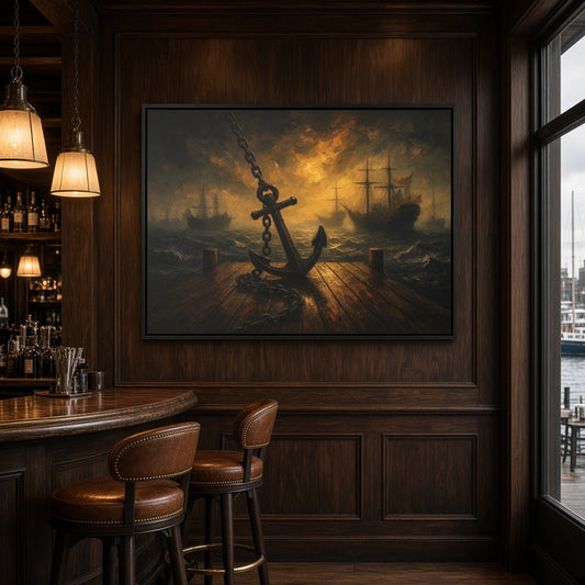 Framed matte canvas seascape wall art with anchor silhouette and distant sailing ships at dusk