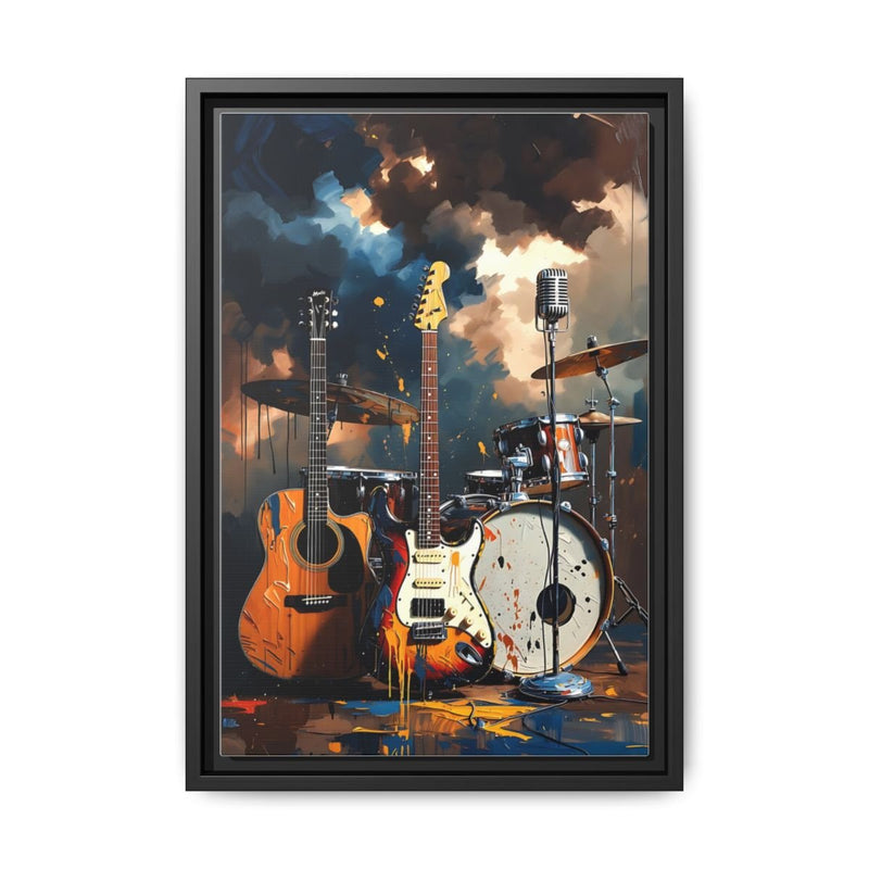 Framed canvas wall art close-up of guitars and drum kit with blue smoke and orange paint