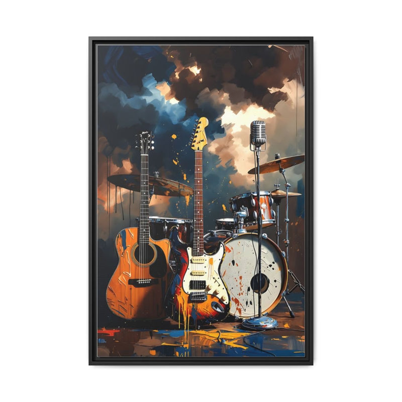 Framed canvas wall art with electric and acoustic guitars and a drum kit, splash style