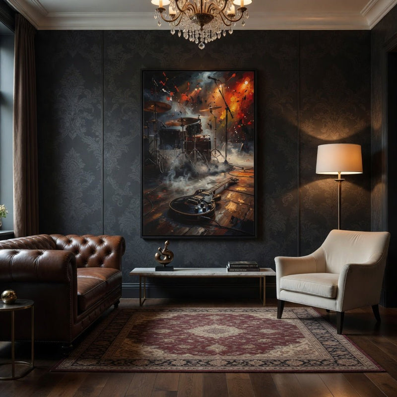 Framed matte canvas wall art with drum set and electric guitar in smoky, fiery colors