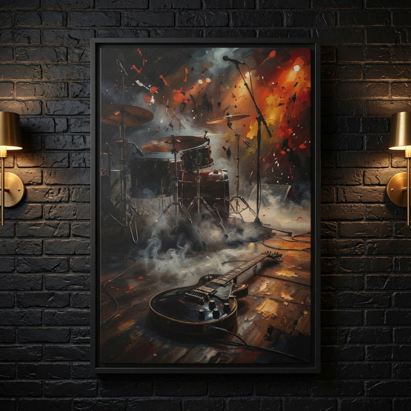 Framed matte canvas wall art featuring drum set and electric guitar in fiery, smoky hues