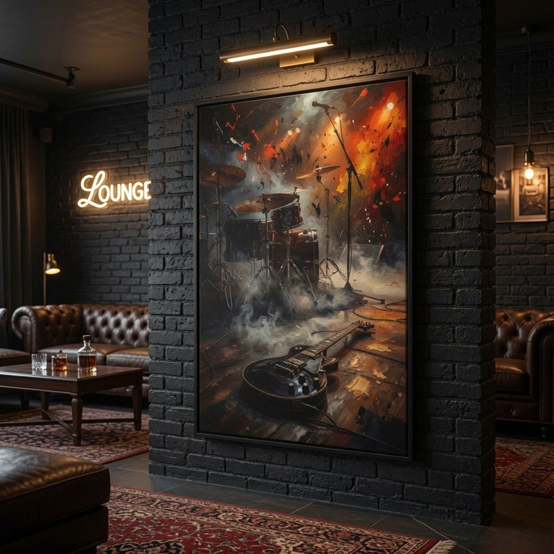 Framed matte canvas wall art with drum set and electric guitar, fiery splashes and smoke