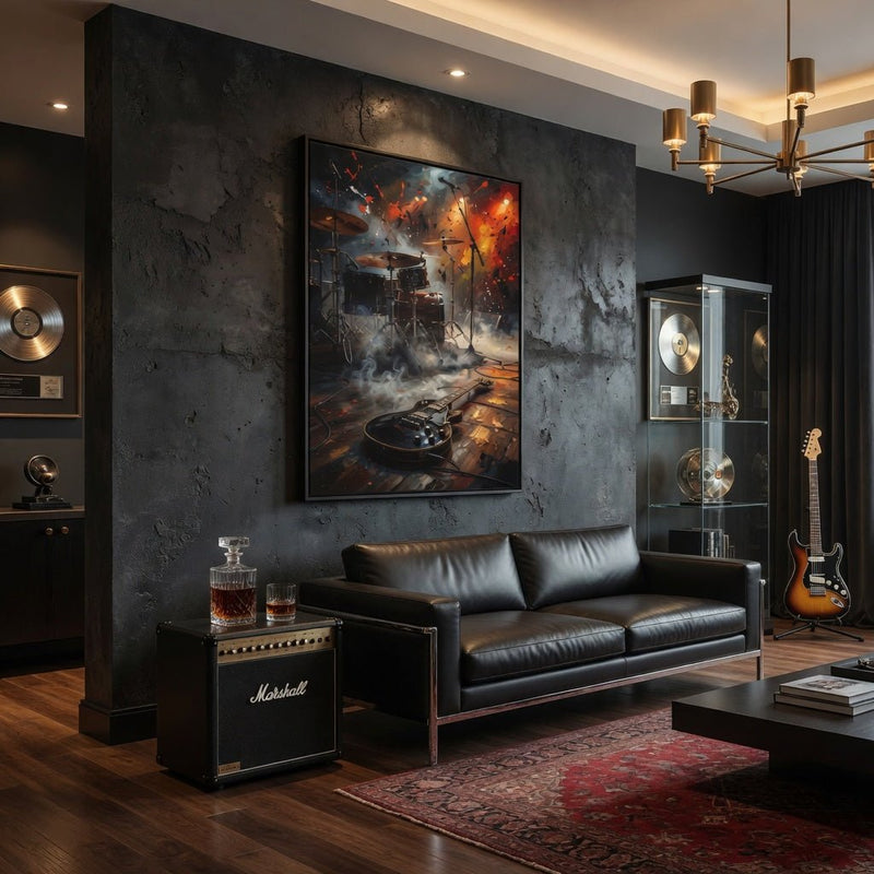 Framed matte canvas wall art showing a guitar and drum kit with smoky effects, black frame