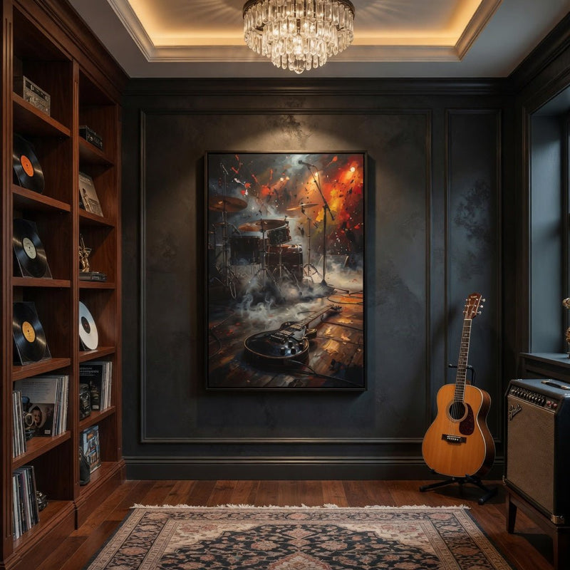 Framed matte canvas wall art depicting a guitar and drum kit, fiery orange accents, black frame