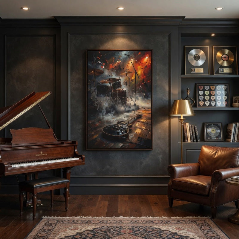 Framed matte canvas wall art with guitar and drum kit scene, misty smoke, black frame