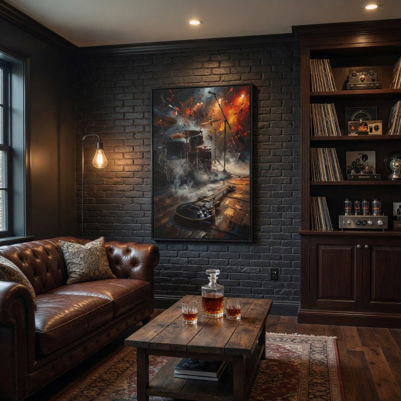 Framed matte canvas wall art featuring guitar and drum kit with flying embers, black frame