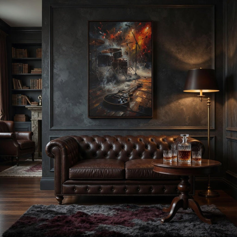 Framed matte canvas wall art showing guitar and drum kit, warm orange lights, black frame
