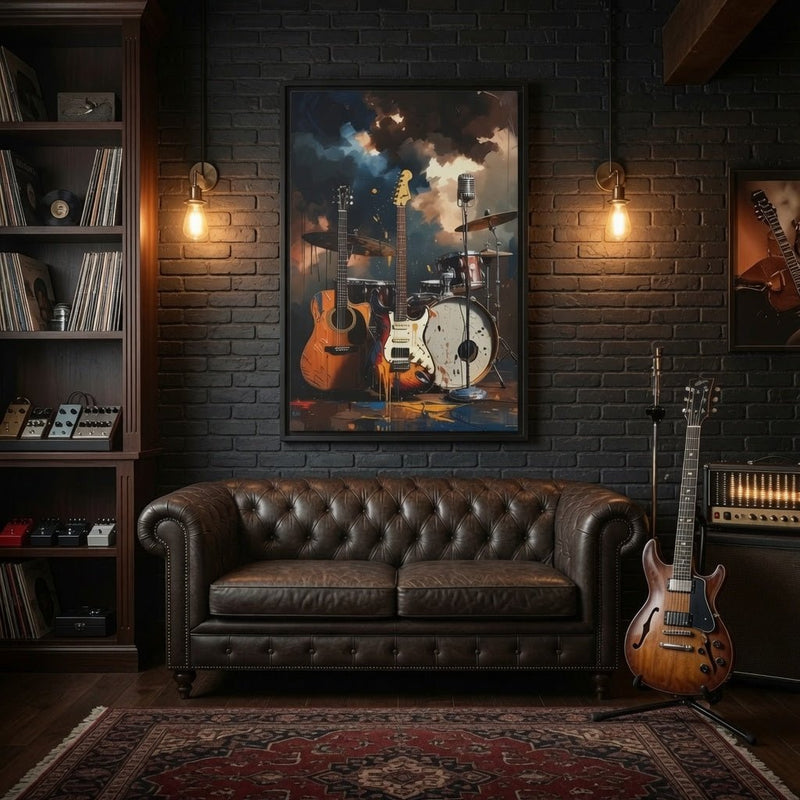 Framed canvas wall art of orange acoustic guitar, white drum kit, and smoky blue paint
