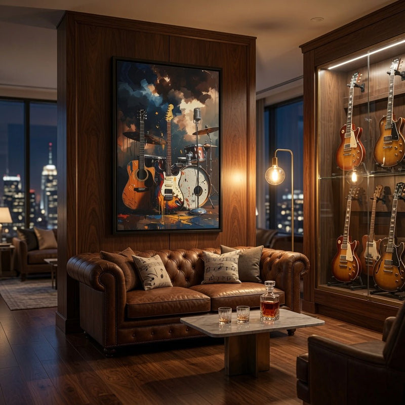 Framed canvas wall art with orange-and-white guitars and a drum kit under paint splashes