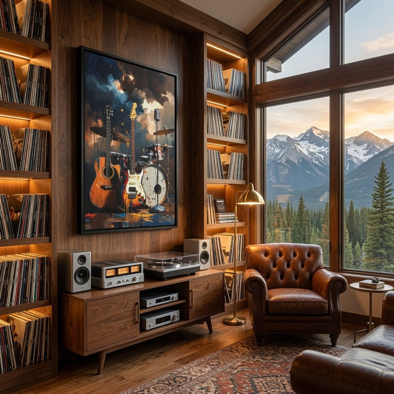 Framed canvas wall art featuring orange guitars, white drum kit, and blue smoke clouds