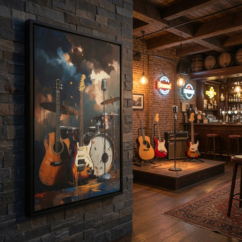 Framed canvas wall art showing guitars and drum set amid blue-and-orange paint splash