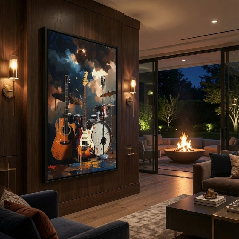 Framed canvas wall art with orange guitar, white drum, and cloudy blue paint splash