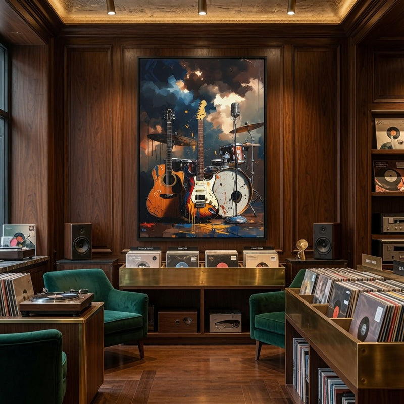 Framed canvas wall art of orange guitars and a white drum kit with blue smoke