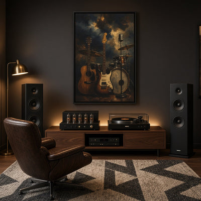 Black-framed canvas wall art featuring guitars, microphone, and a drum set
