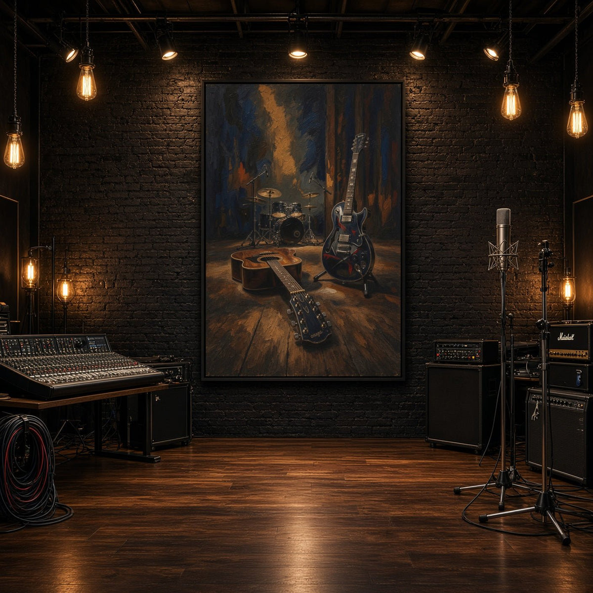 Framed vertical canvas featuring vintage guitars and drum set, blue and warm gold brushwork.