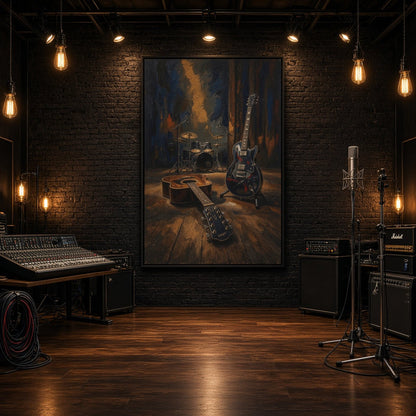 Framed vertical canvas featuring vintage guitars and drum set, blue and warm gold brushwork.
