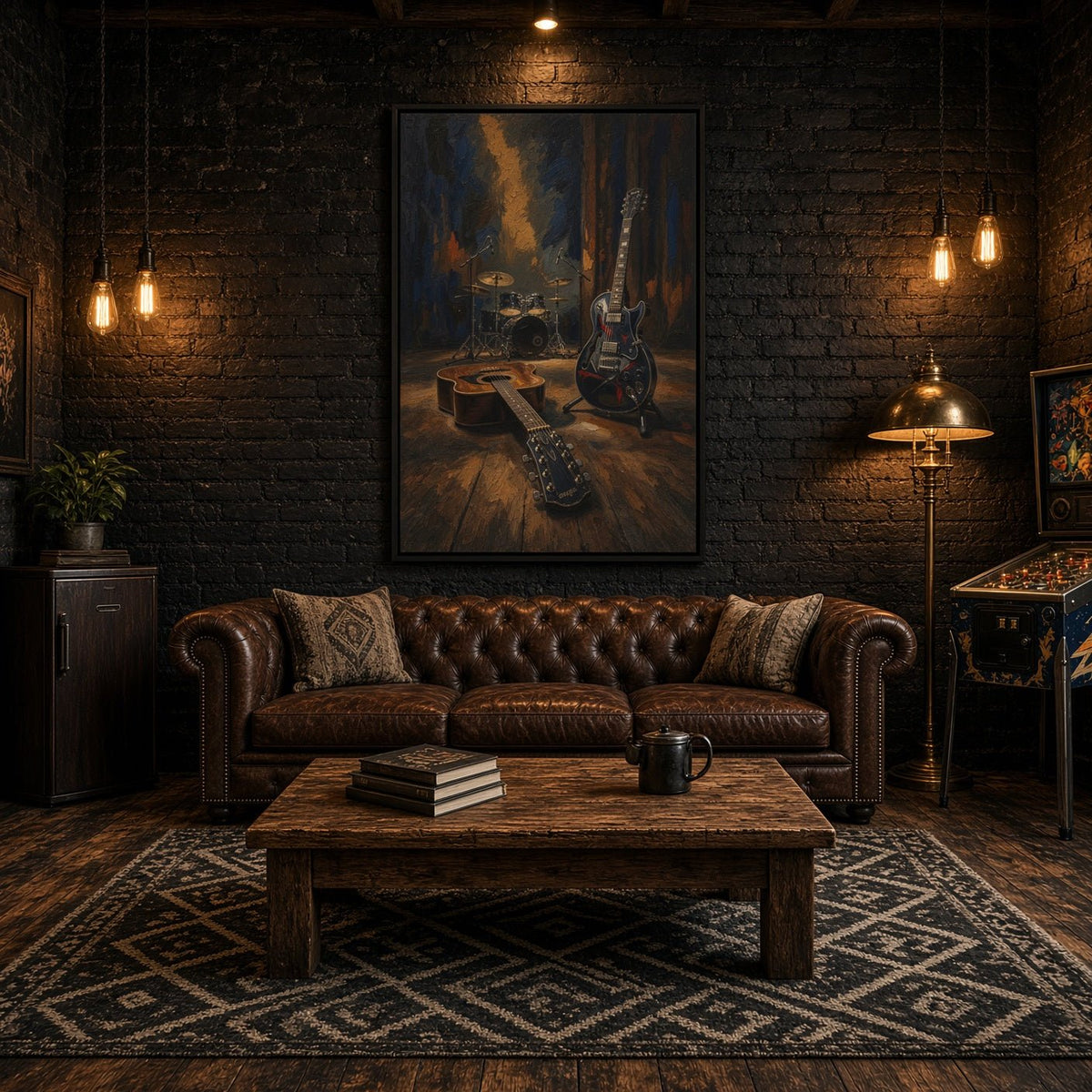 Framed canvas wall art with vintage guitars and drum set artwork in dark blue and bronze hues.