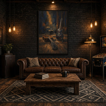Framed canvas wall art with vintage guitars and drum set artwork in dark blue and bronze hues.