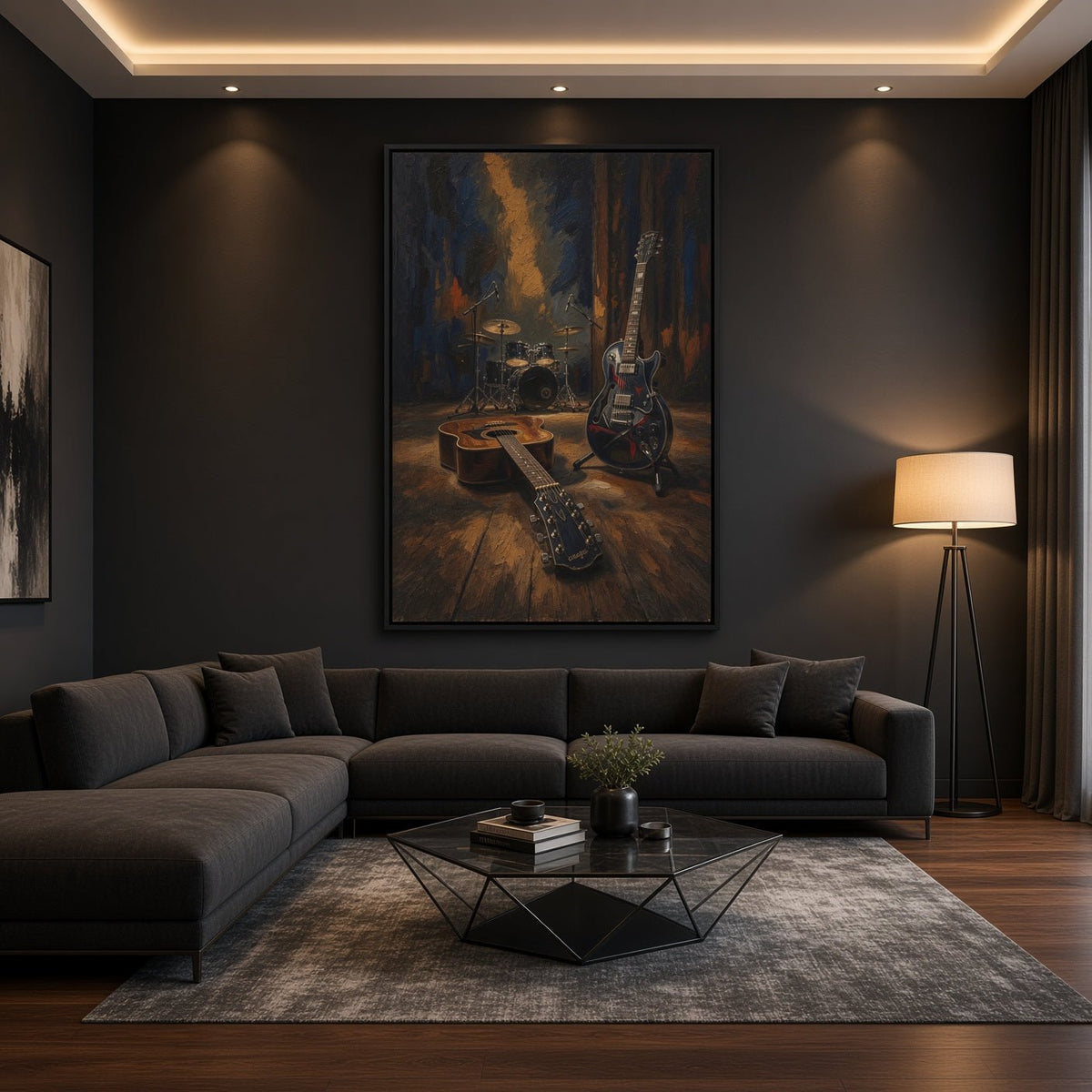 Framed canvas wall art showing vintage guitars and drum set, rich blue and golden accents.