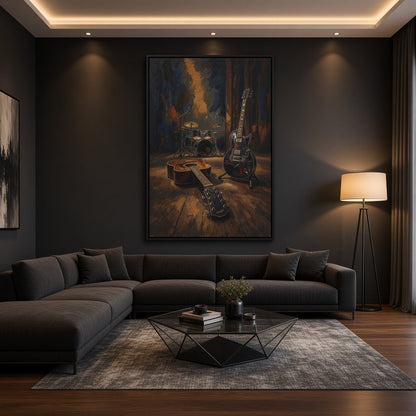 Framed canvas wall art showing vintage guitars and drum set, rich blue and golden accents.