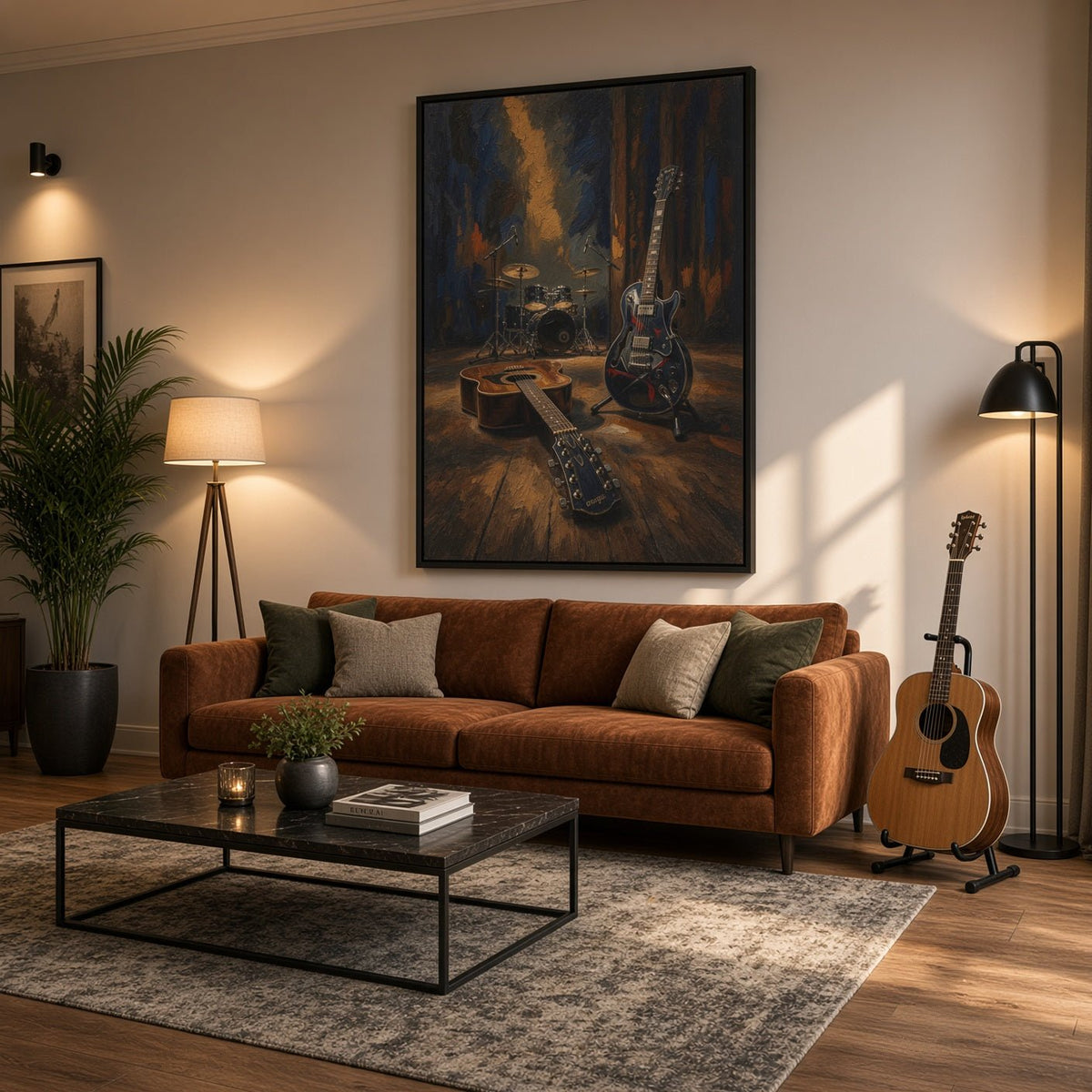 Framed vertical canvas art featuring vintage guitars and a drum set with blue and amber colors.