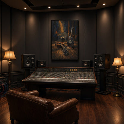 Framed wall canvas with vintage guitars and drum set scene, blue highlights and warm browns.