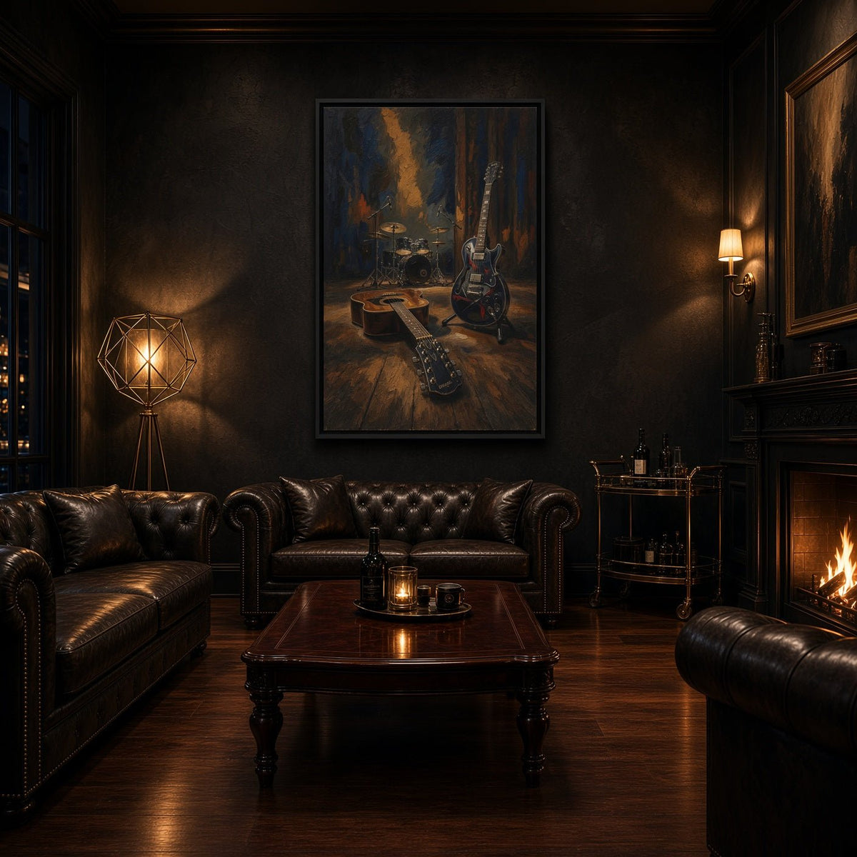 Framed vertical canvas featuring vintage guitars and a drum set in blue and amber tones.