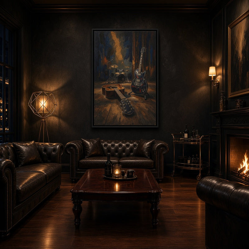 Framed vertical canvas featuring vintage guitars and a drum set in blue and amber tones.