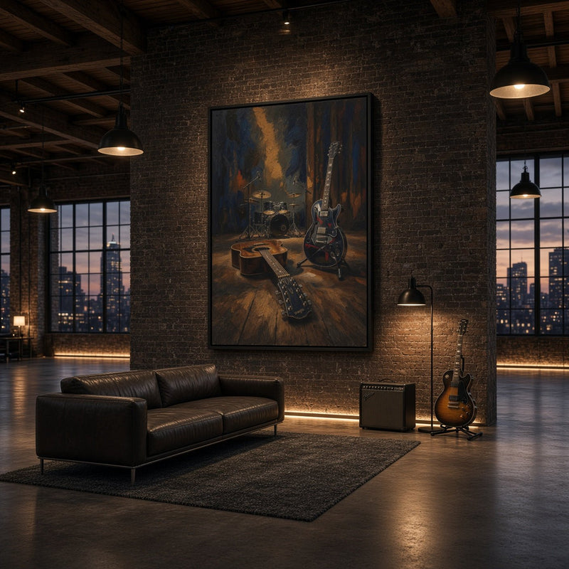Framed wall canvas print with electric guitar, bass guitar, and drum set illustration