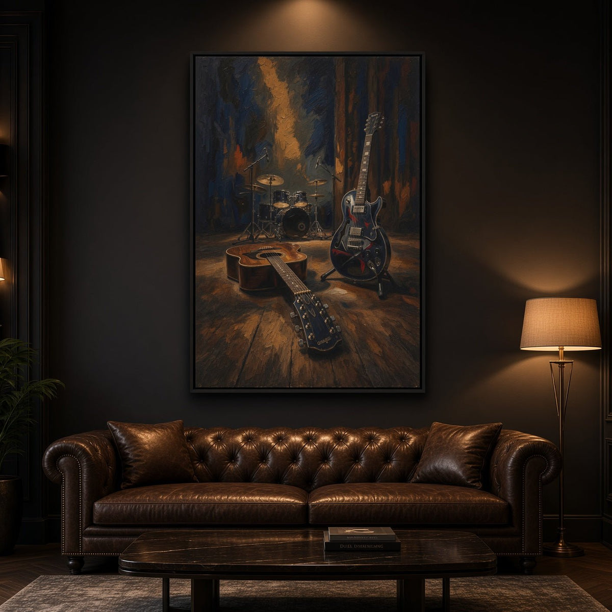Framed canvas print above sofa showing electric guitar and drum set artwork