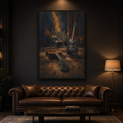 Framed canvas print above sofa showing electric guitar and drum set artwork