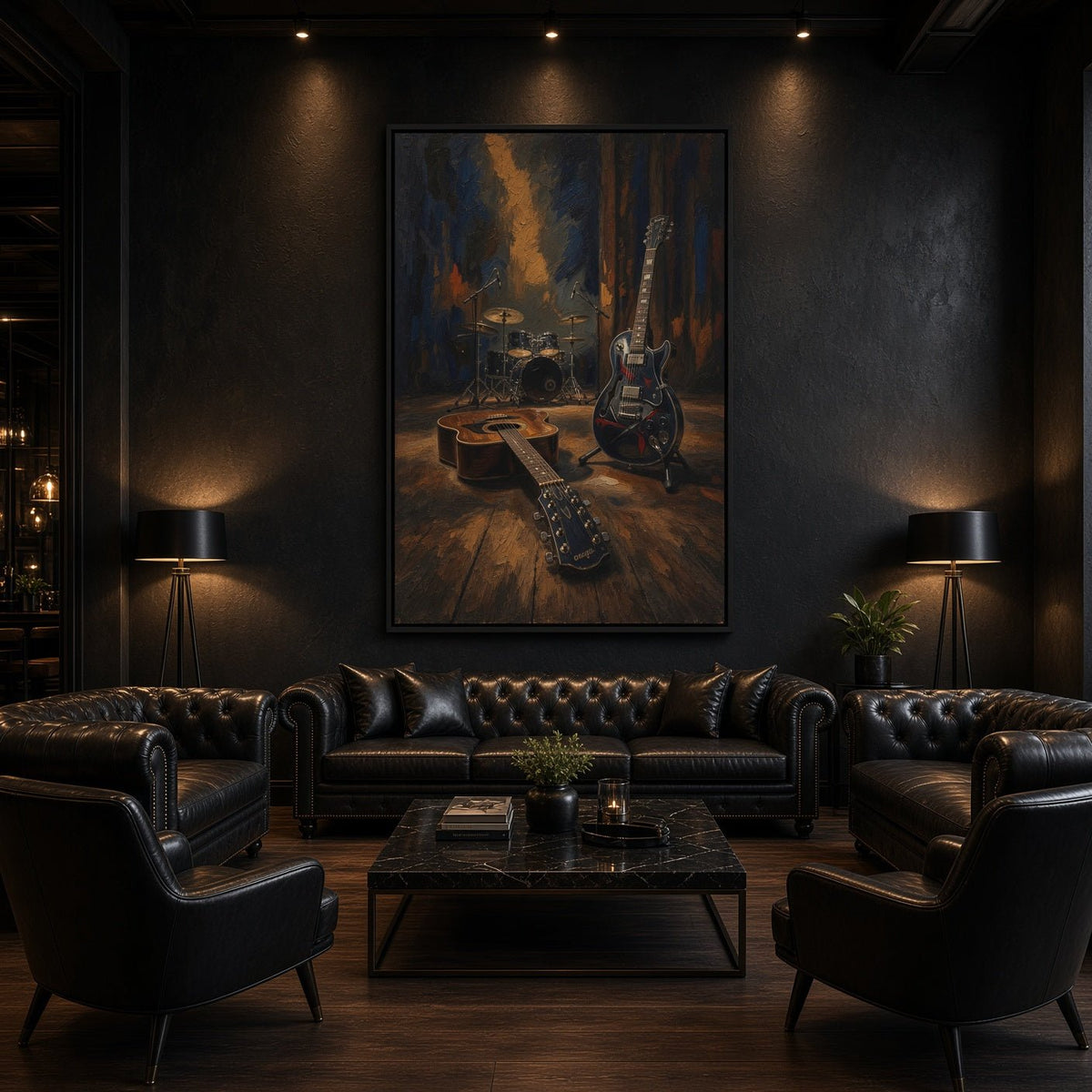 Framed canvas print on wall featuring electric guitar and drum kit artwork