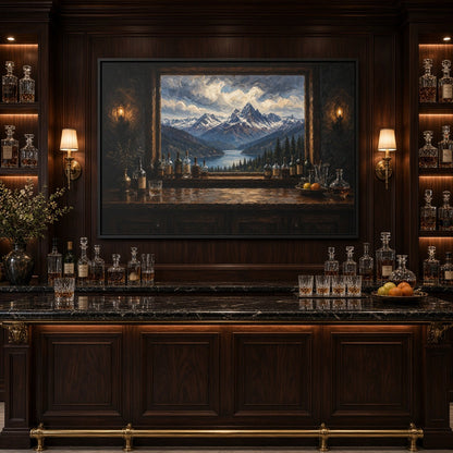Mountain Lodge Bar – Window View Framed Canvas