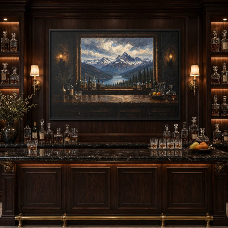 Mountain Lodge Bar – Window View Framed Canvas