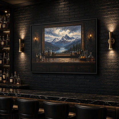 Mountain Lodge Bar – Window View Framed Canvas