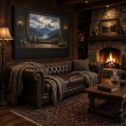 Mountain Lodge Bar – Window View Framed Canvas