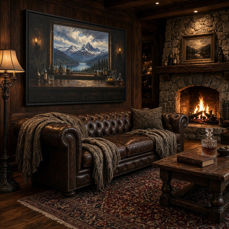 Mountain Lodge Bar – Window View Framed Canvas