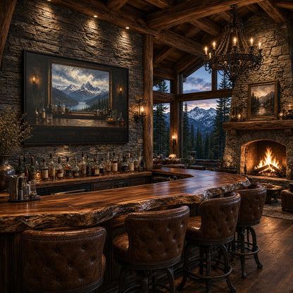 Mountain Lodge Bar – Window View Framed Canvas