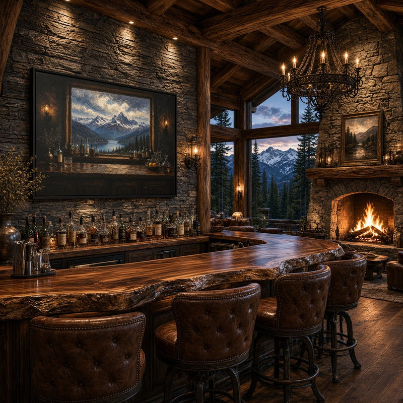 Mountain Lodge Bar – Window View Framed Canvas