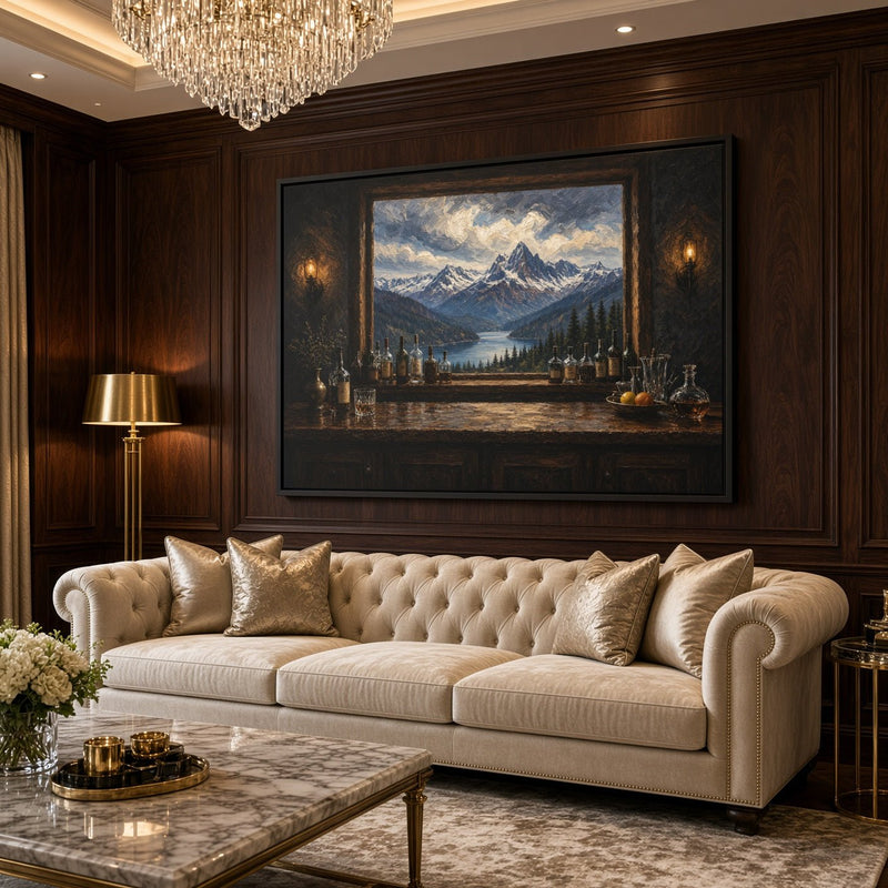 Mountain Lodge Bar – Window View Framed Canvas