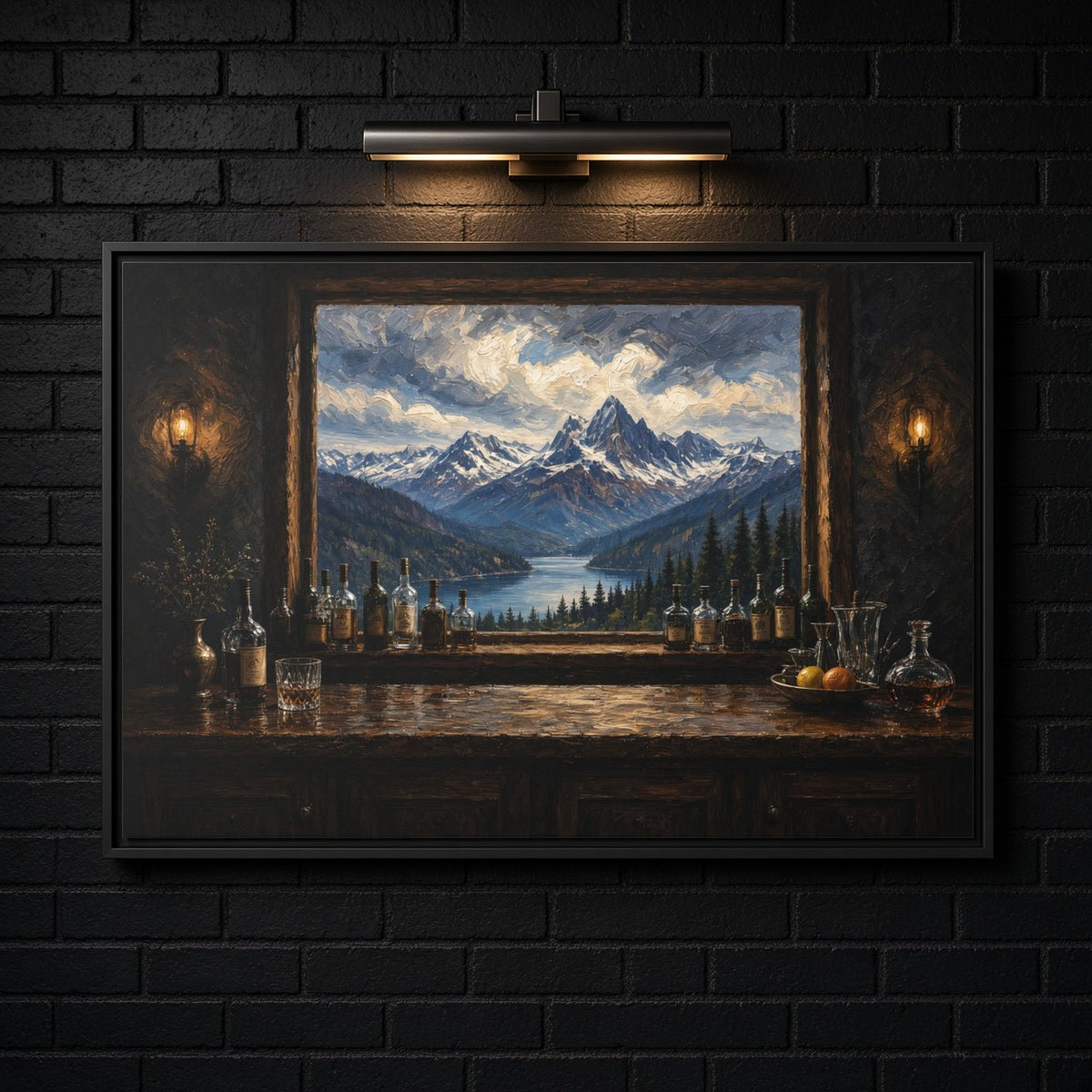 Mountain Lodge Bar – Window View Framed Canvas