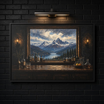 Mountain Lodge Bar – Window View Framed Canvas