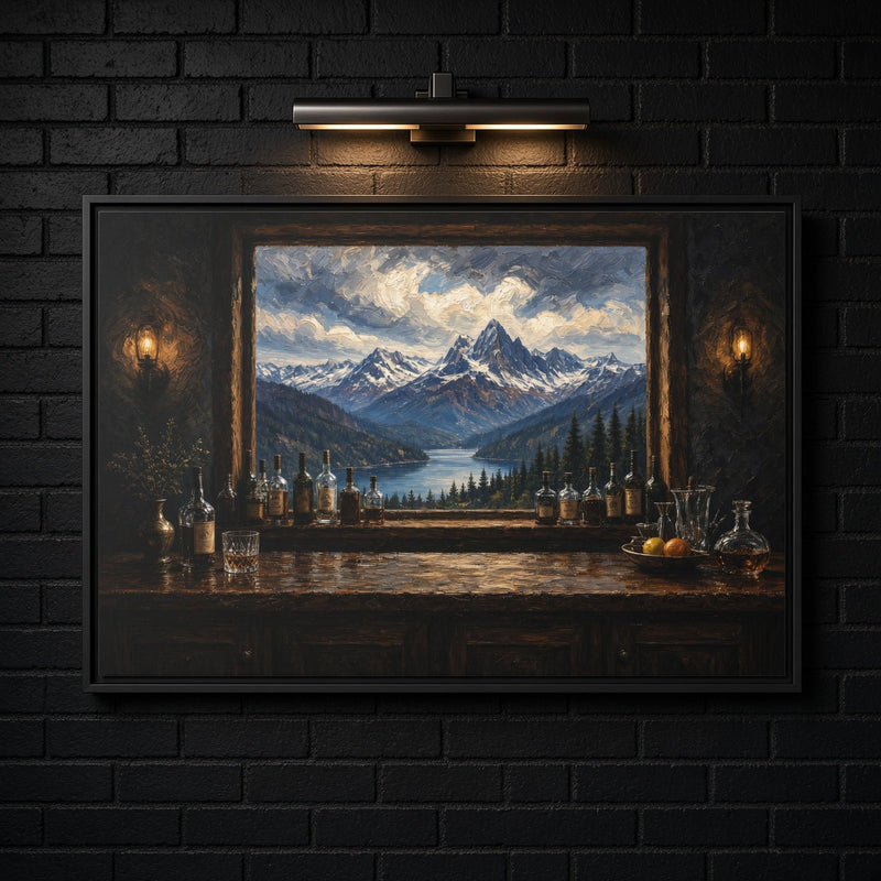 Mountain Lodge Bar – Window View Framed Canvas