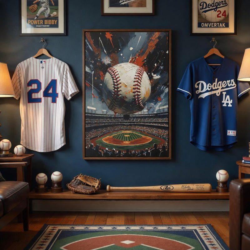 Framed baseball home run canvas wall art showing baseball and stadium scene, black frame