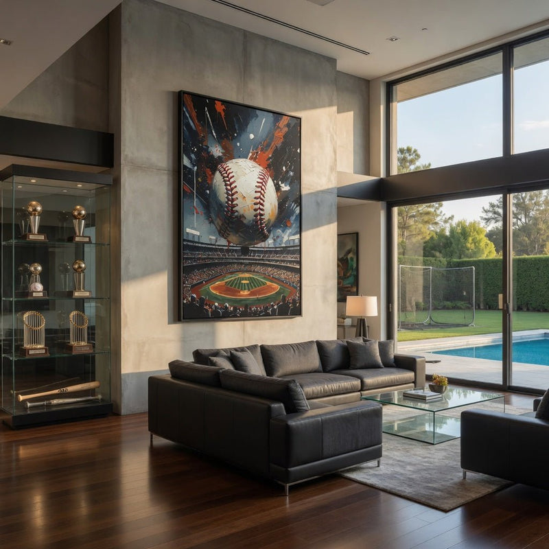 Framed baseball home run canvas wall art with baseball in center, black frame