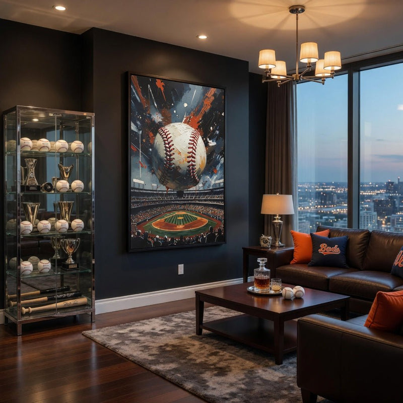 Framed baseball home run canvas wall art with baseball, splatter burst sky, black frame