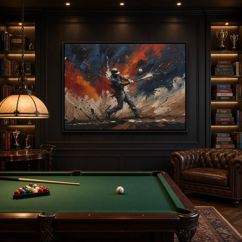 Framed baseball swing painting with red, blue, and black paint splatter