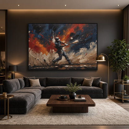 Framed baseball swing canvas with dynamic splashes and bat mid-swing figure